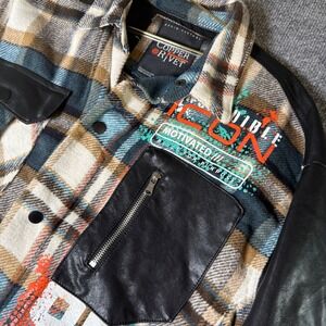 Copper Rivet Plaid Flannel Shirt Jacket Faux Leather Sleeves Graphic Print Men M